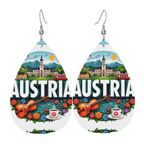 Österreich Landschaft mit Musik Teardrop Leder Ohrringe Damen Druck Anhänger mit Haken Mode Vintage Party Alltag, Einheitsgröße, Leder von FHIZOAL