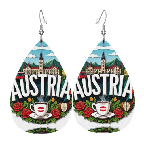 Österreich Sehenswürdigkeiten Musik Kaffee Teardrop Leder Ohrringe Damen Druck Anhänger mit Haken Mode Vintage Party Alltag, Einheitsgröße, Leder von FHIZOAL