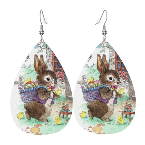 Osterhase Teardrop Leder Ohrringe Damen Druck Anhänger mit Haken Mode Vintage Party Alltag, Einheitsgröße, Leder von FHIZOAL