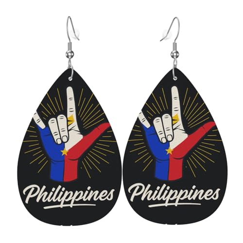 Philippinische Geste Teardrop Leder Ohrringe Damen Druck Anhänger mit Haken Mode Vintage Party Alltag, Einheitsgröße, Leder von FHIZOAL