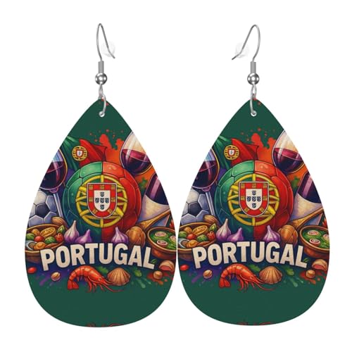 Portugal Food Wine Teardrop Leder Ohrringe Damen Print Anhänger mit Haken Mode Vintage Party Alltag, Einheitsgröße, Leder von FHIZOAL