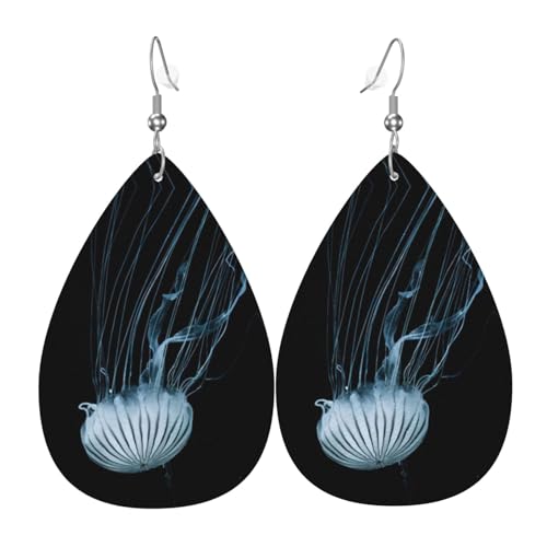 Quallen Teardrop Leder Ohrringe Damen Druck Anhänger mit Haken Mode Vintage Party Alltag, Einheitsgröße, Leder von FHIZOAL