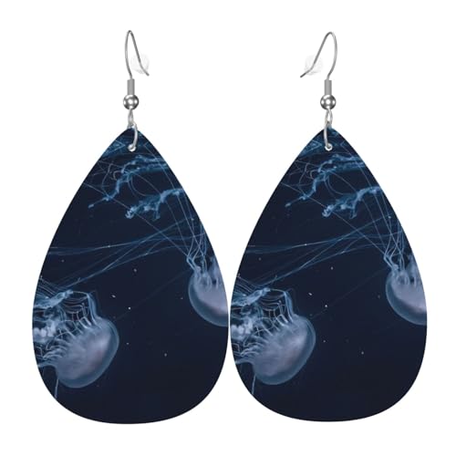 Quallen im tiefen Ozean Teardrop Leder Ohrringe Damen Druck Anhänger mit Haken Mode Vintage Party Alltag, Einheitsgröße, Leder von FHIZOAL