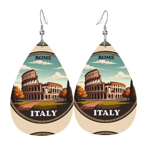 Rom Italien Wahrzeichen Tropfen Leder Ohrringe Damen Druck Anhänger mit Haken Mode Vintage Party Alltag, Einheitsgröße, Leder von FHIZOAL