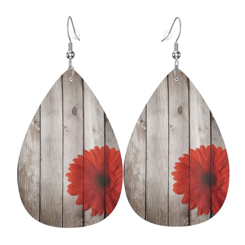 Rote Dahlie Blume Leder Ohrringe Damen Druck Anhänger mit Haken Mode Vintage Party Alltag, Einheitsgröße, Leder von FHIZOAL