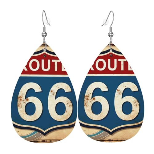 Route Sixty Six Shield Design Teardrop Leder Ohrringe Damen Print Anhänger mit Haken Mode Vintage Party Alltag, Einheitsgröße, Leder Route Sixty Six Shield Design Teardrop Leder Ohrringe Damen Print Anhänger mit Haken Mode Vintage Party Alltag, Einheitsgröße, Leder von FHIZOAL