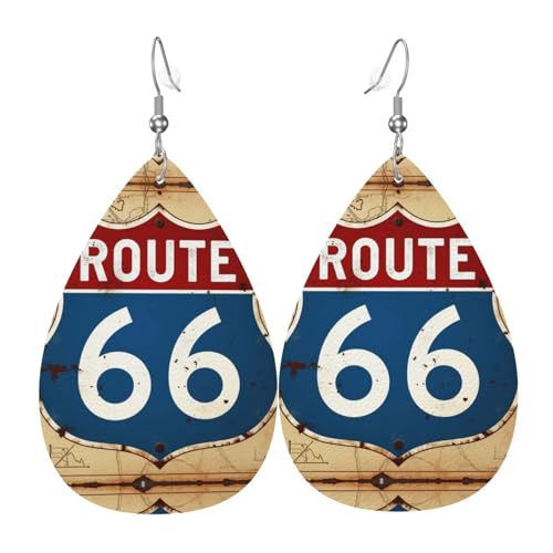 Route Sixty Six Shield Teardrop Leder Ohrringe Damen Print Anhänger mit Haken Mode Vintage Party Alltag, Einheitsgröße, Leder von FHIZOAL