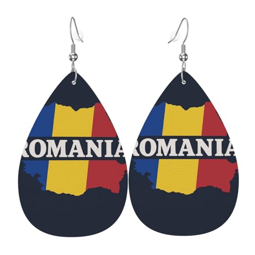 Rumänien Karte Tropfen Leder Ohrringe Damen Druck Anhänger mit Haken Mode Vintage Party Alltag, Einheitsgröße, Leder von FHIZOAL