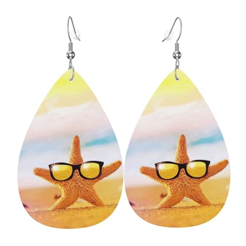 Schöne Seesterne mit gelber Brille Strand Teardrop Leder Ohrringe Damen Druck Anhänger mit Haken Mode Vintage Party Alltag, Einheitsgröße, Leder Schöne Seesterne mit gelber Brille Strand Teardrop Leder Ohrringe Damen Druck Anhänger mit Haken Mode Vintage Party Alltag, Einheitsgröße, Leder von FHIZOAL