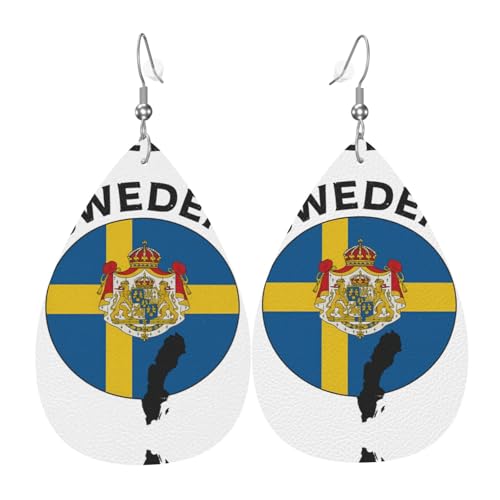 Schweden-Flagge Teardrop Leder Ohrringe Damen Druck Anhänger mit Haken Mode Vintage Party Alltag, Einheitsgröße, Leder von FHIZOAL