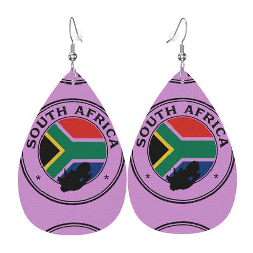 Südafrika-Flagge Teardrop Leder Ohrringe Damen Druck Anhänger mit Haken Mode Vintage Party Alltag, Einheitsgröße, Leder von FHIZOAL