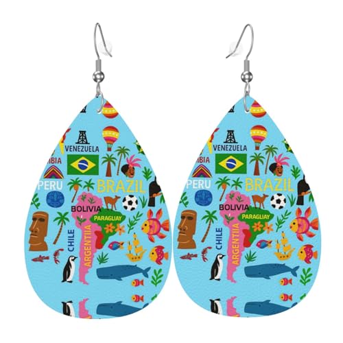 Südamerika-Karte mit Icons Teardrop Leder Ohrringe Damen Druck Anhänger mit Haken Mode Vintage Party Alltag, Einheitsgröße, Leder Südamerika-Karte mit Icons Teardrop Leder Ohrringe Damen Druck Anhänger mit Haken Mode Vintage Party Alltag, Einheitsgröße, Leder von FHIZOAL