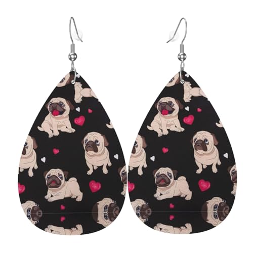 Süße Mops Teardrop Leder Ohrringe Damen Druck Anhänger mit Haken Mode Vintage Party Alltag, Einheitsgröße, Leder von FHIZOAL