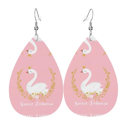 Süße Schwan Teardrop Leder Ohrringe Damen Druck Anhänger mit Haken Mode Vintage Party Alltag, Einheitsgröße, Leder von FHIZOAL
