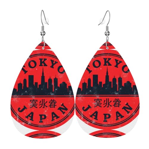 Tokyo Japan Cityscape Teardrop Leder Ohrringe Damen Druck Anhänger mit Haken Mode Vintage Party Alltag, Einheitsgröße, Leder von FHIZOAL