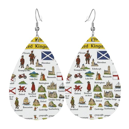 United Kingdom Cultural Symbo Teardrop Leder Ohrringe Damen Print Anhänger mit Haken Mode Vintage Party Alltag, Einheitsgröße, Leder von FHIZOAL