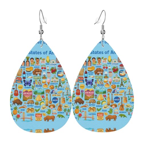 United States Map Kunstdruck Teardrop Leder Ohrringe Damen Druck Anhänger mit Haken Mode Vintage Party Alltag, Einheitsgröße, Leder von FHIZOAL