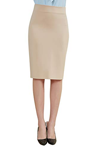 FHMLS Damen Bleistiftrock Elastische Taille Stretch Bodycon Midi Arbeit Büro Business Rock Unterhalb des Knies Atmungsaktiver Rock, Beige, Mittel von FHMLS