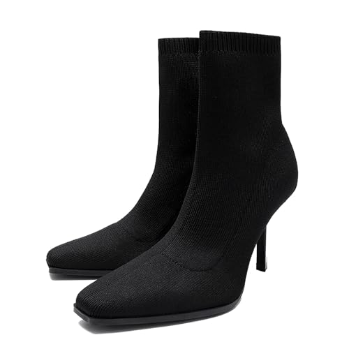 FHVCMTG High Heels Damen Boots Stiefeletten Square Toe Stiletto Stretch Knit Sock Boot Kleid Fashion Pumps Schuhe 8cm,Black,39 von FHVCMTG