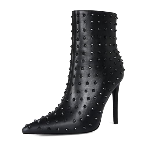 FHVCMTG High Heels Damen Spitzschuh Reißverschluss Stiletto Stiefeletten mit Nieten Booties Herbst Winter Warme Abendschuhe 10,5CM-black||42 von FHVCMTG