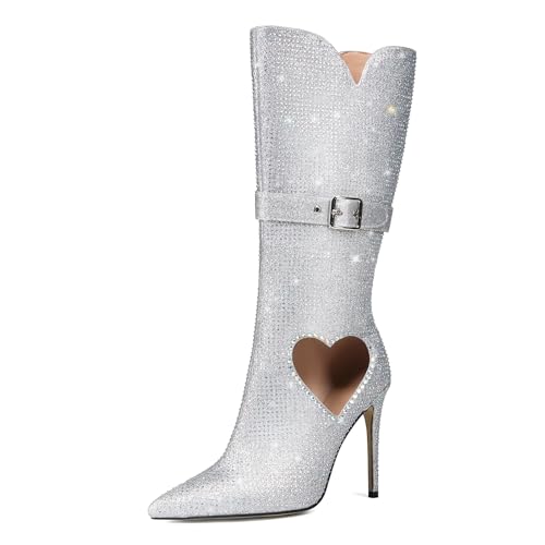 FHVCMTG High Heels Damen Stiefel Hohlem Herz Spitzer Zehenbereich Stilettos Halbhohe Hochzeits Partyschuhe 10,5 Cm-silver||43 von FHVCMTG