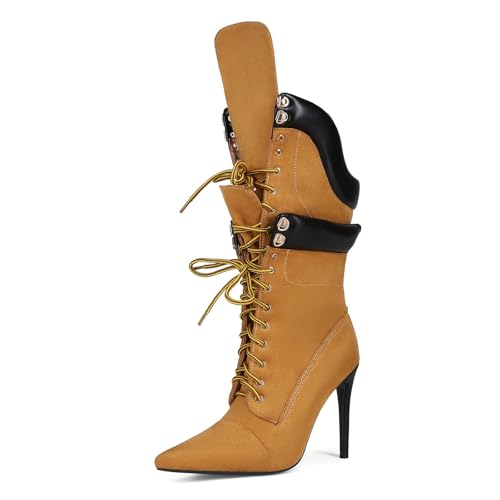 FHVCMTG High Heels Damen Stiefeletten Spitzer Zehenpartie Schnürung Stiletto-Absatz Jeansstiefel Halbhohe Partyschuhe-yellow||36 von FHVCMTG