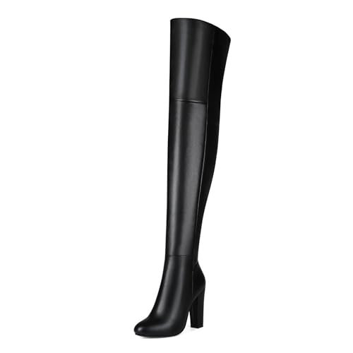 FHVCMTG High Heels Damenstiefel Blockabsatz Runder Zehenpartie Overknee-Stiefel Stretch Seitlicher Reißverschluss Modische Party Winterschuhe-black||36 von FHVCMTG