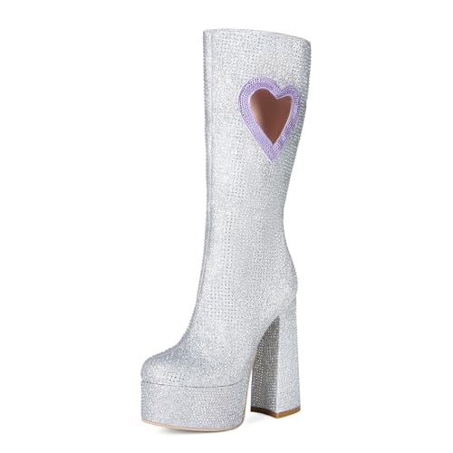 FHVCMTG High Heels Damenstiefel Strasssteinen Klobigen Absätzen Kniehohe Stiefel Plateaustiefel Runder Zehen Hohe Stiefel für Hochzeit Party Date Kleid-silver||38 von FHVCMTG
