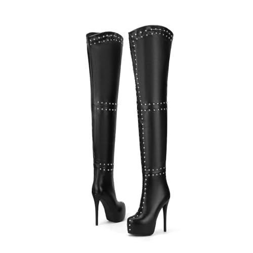 High Heels Damen Plateau Stilettos mit Nieten Overknee Stiefel für Party Club Enge Hohe Stiefel-black2||37 von FHVCMTG