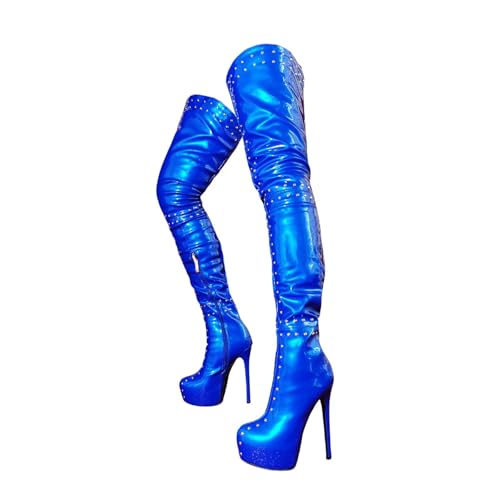High Heels Damen Plateau Stilettos mit Nieten Overknee Stiefel für Party Club Enge Hohe Stiefel-blue||41 von FHVCMTG