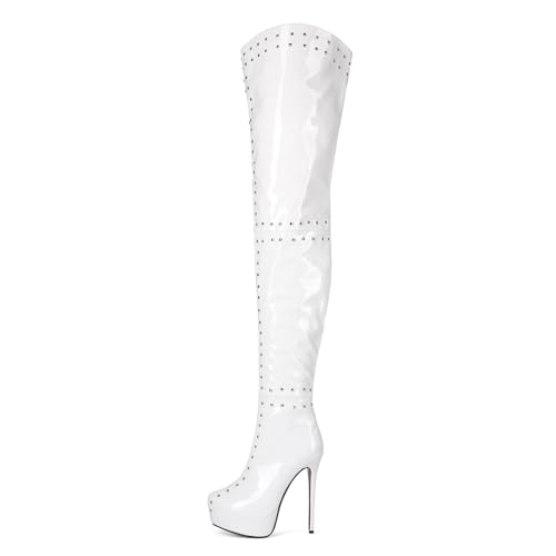 High Heels Damen Plateau Stilettos mit Nieten Overknee Stiefel für Party Club Enge Hohe Stiefel-white||43 von FHVCMTG