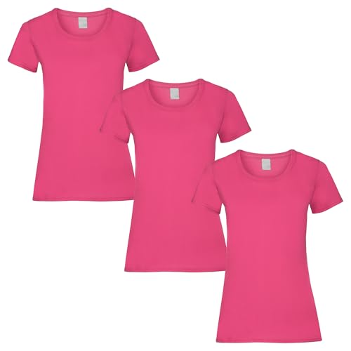 FIANA FASHIONS Damen Rundhals Kurzarm Einfarbig Baumwolle T-Shirts Multipack 3er Pack, fuchsia, XL von FIANA FASHIONS