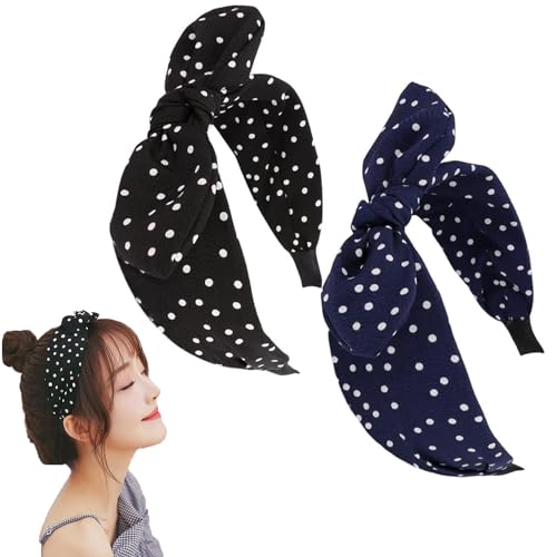 FIBOUND 2er-Pack Schleifen-Pompadour-Stirnbänder, Retro-Stirnband Mit Gepunkteter Schleife, Geeignet für Damen und Mädchen Aller Gelegenheiten – Schwarz von FIBOUND