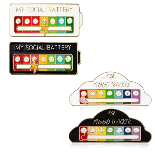 4 Stück Interaktive Batterie Pin Anstecker, Social Battery Pin, Soziale Stimmung Brosche Pin, Social Batterie Brosche Abzeichen, Mood Pin Abzeichen, für Frauen und Männer, Süßes Kreatives Geschenk 4 Stück Interaktive Batterie Pin Anstecker, Social Battery Pin, Soziale Stimmung Brosche Pin, Social Batterie Brosche Abzeichen, Mood Pin Abzeichen, für Frauen und Männer, Süßes Kreatives Geschenk von FIBOUND