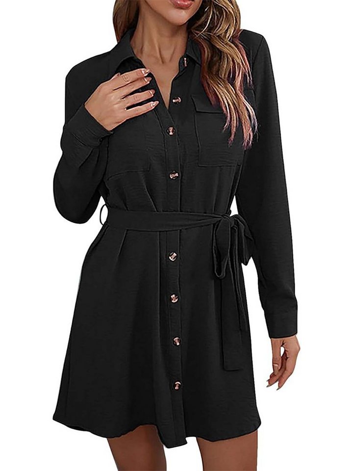 FIDDY Blusenkleid Mode Kleid vor dem Herbst, schwarzes Hemdkleid, langfristigem Revers von FIDDY