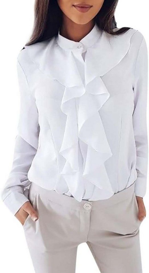 FIDDY Langarmshirt Bluse Tops Damen Einfarbig Langarm Rüschen-Front Shirt von FIDDY