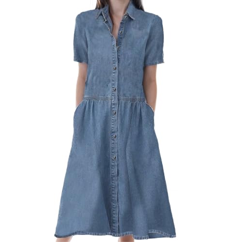FIDFDID Damen-Jeanskleid Sommerkleid Vintage-Blau Verblasst Kurzärmlig Revers Damen Knielang Button Down Casual Loose Jeans Kleider Sommer-Jeanskleid In A-Linie Mit(XL) von FIDFDID