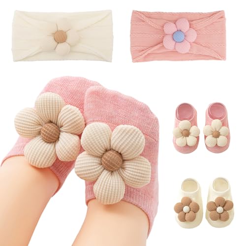 2 x Blumen Baby Haarbänder & 2 x Stopper Socken Set für Baby Mädchen – Weiche Haarbänder & Niedrige Söckchen, Zubehör für Neugeborene, Kleinkinder von FIDWALL