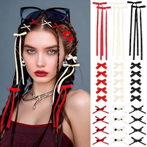33 Stück Haarschleifen für Mädchen - Süße Schleifen-Haarspangen, Snap-Clips mit langen Schleifenbändern, modische Haaraccessoires für Frauen & Mädchen - 3 stylische Designs (Rot Weiß Schwarz) von FIDWALL