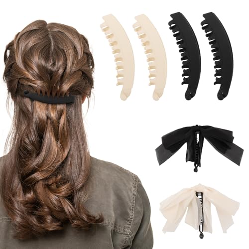 6 Stück Banana Clip Set für Frauen: 2 Schleifen Banana Clips & 4 große Bananen Haarklammern, geeignet für dickes und feines Haar,schnelles Ponytail‑Styling‑Tool für Mädchen und Damen von FIDWALL