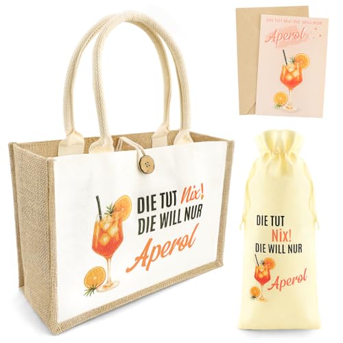 FIDWALL Aperol Geschenk 3er Set, Jutetasche mit Karte und Bierflaschentasche, XXL Strandtasche Aperol Spritz Accessoires Damen, Aperol Set Geschenk für Frauen Kollegin (Aperol Geschenk Tasche 3er-Set) von FIDWALL