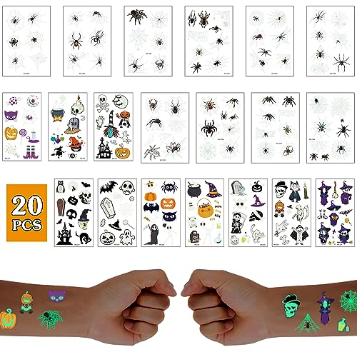 Halloween Temporäre Tattoos-Über 200 Stile,Leuchtende Halloween-Partyartikel,Halloween-Geschenke für Jungen und Mädchen,Füllmaterial für Kinder-Halloween-Geschenktüten (20 Bögen)(Hexe Spinnennetz) von FIDWALL