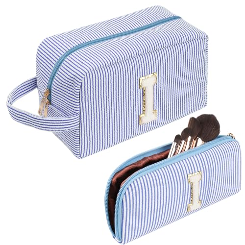 Kosmetiktasche Reise,Make up Tasche,Niedliche Initialen Cord Blau Kosmetiktasche, Geschenk für Frauen, Freundinnen, Beste Freunde mit Kleinen Kosmetiktasche(I) von FIDWALL