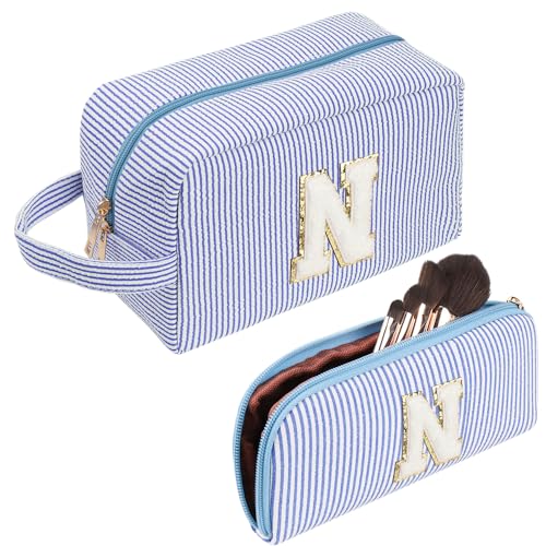 Niedliche Initialen Cord Blau Kosmetiktasche Reise - Geschenk für Frauen, Freundinnen, Beste Freunde Mit Kleiner Make-up Tasche (N) von FIDWALL