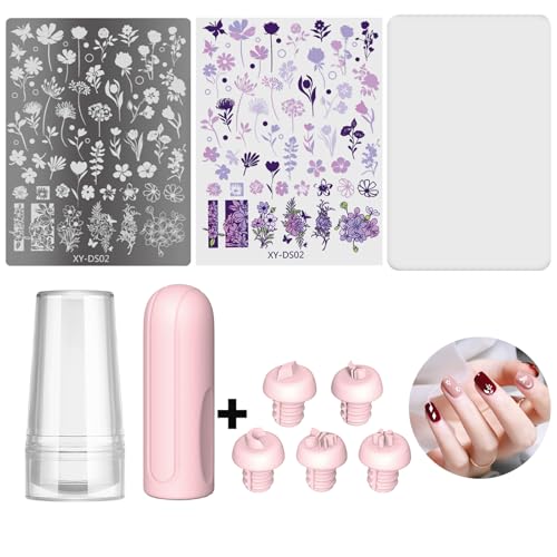 Nagelkunst-Stempel-Set, mit 5-in-1-Silikon-Nagelstempelstift und 1 Nagelstempel, 1 Schaber, 1 Nagelstempelplatten, Blumenmuster, französisches Maniküre-Stempelwerkzeug für DIY-Nagelkunst-Design von FIDWALL