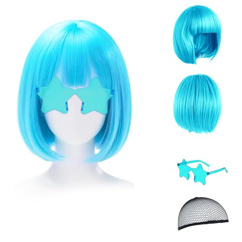 Perücke für Damen - Farbenfrohe Perücke Bob mit Party Sonnenbrille, Cosplay Party Perücken, Lustige Perücken für Frauen (Inklusive Haarnetz) (Himmelblau) von FIDWALL