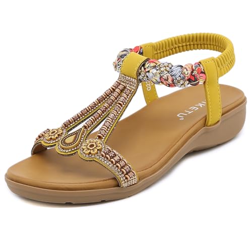 FIENZA Flache Sandalen Damen Sommer Mit Strass Mit Weiches Fussbett Rom Bohemia Sandalen Pu Leder Flip Flops Bequem Zehentrenner Sandaletten T-Riemen Elegante Strandschuhe Elastischen KnöChelriemchen von FIENZA