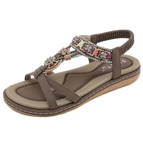 FIENZA Flache Sandalen Damen Sommer Mit Strass Mit Weiches Fussbett Rom Bohemia Sandalen Pu Leder Flip Flops Bequem Zehentrenner Sandaletten T-Riemen Elegante Strandschuhe Elastischen KnöChelriemchen von FIENZA