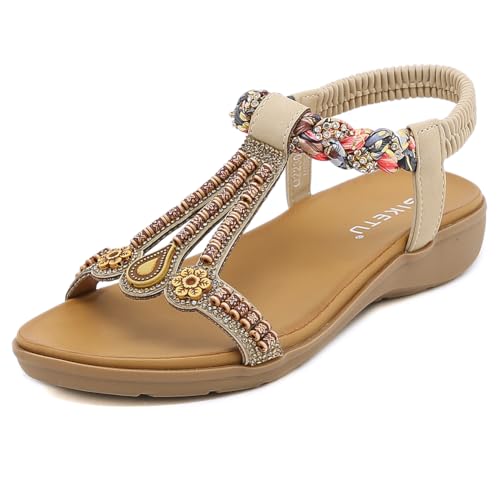 FIENZA Flache Sandalen Damen Sommer Mit Strass Mit Weiches Fussbett Rom Bohemia Sandalen Pu Leder Flip Flops Bequem Zehentrenner Sandaletten T-Riemen Elegante Strandschuhe Elastischen KnöChelriemchen von FIENZA