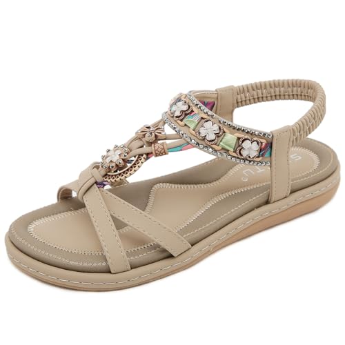 FIENZA Flache Sandalen Damen Sommer Mit Strass Mit Weiches Fussbett Rom Bohemia Sandalen Pu Leder Flip Flops Bequem Zehentrenner Sandaletten T-Riemen Elegante Strandschuhe Elastischen KnöChelriemchen von FIENZA